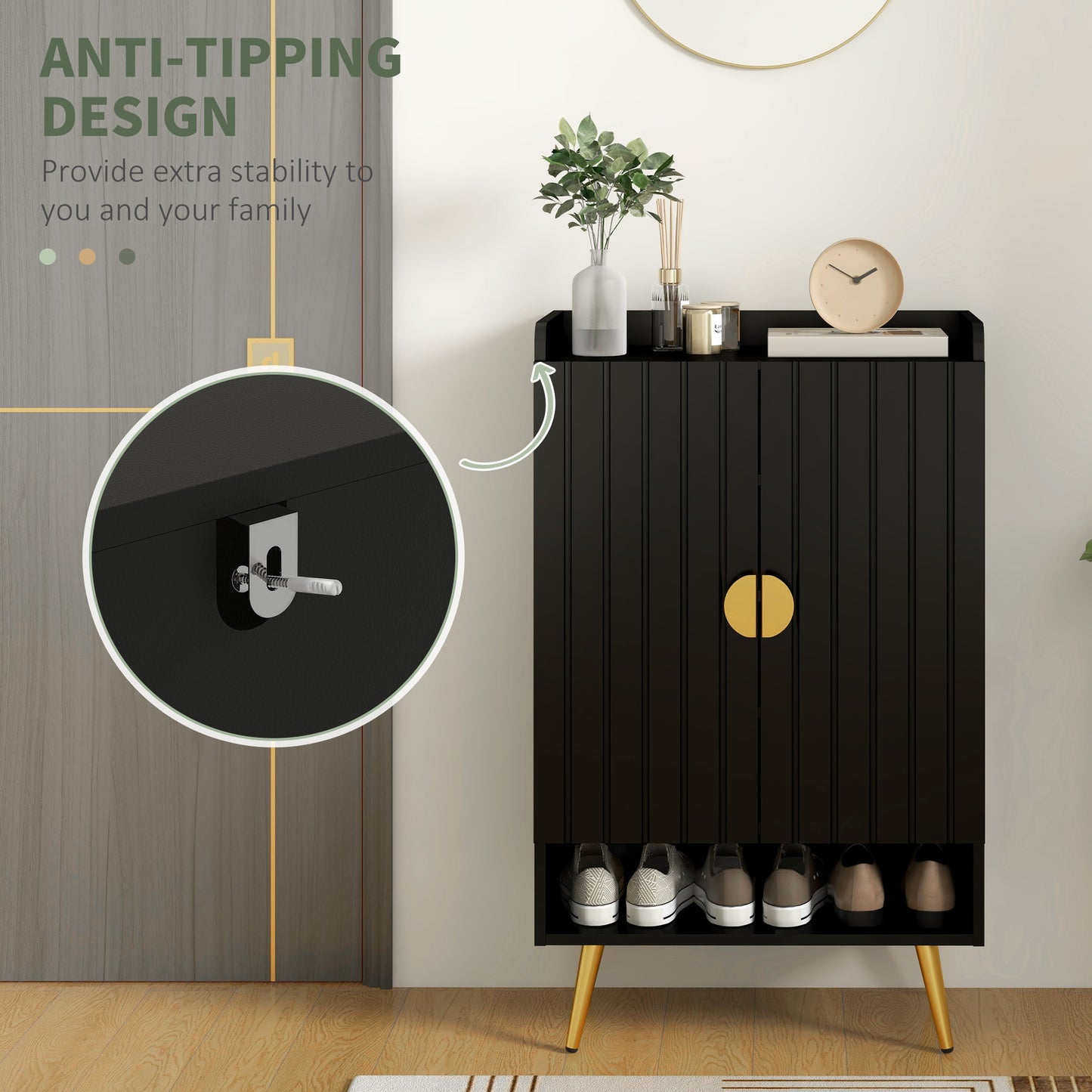 Entryway Narrow Shoe Storage Cabinet with Adjustable Shelves Open Shelf for 15 Pairs Black Kids Crystal