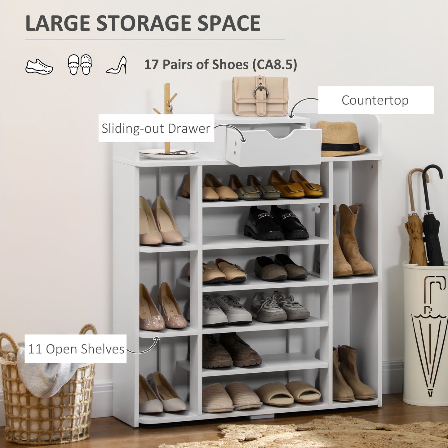Space-Saving Shoe Rack: 7-Tier Organizer with Drawer & 11 Open Shelves for 17 Pairs, White Kids Crystal
