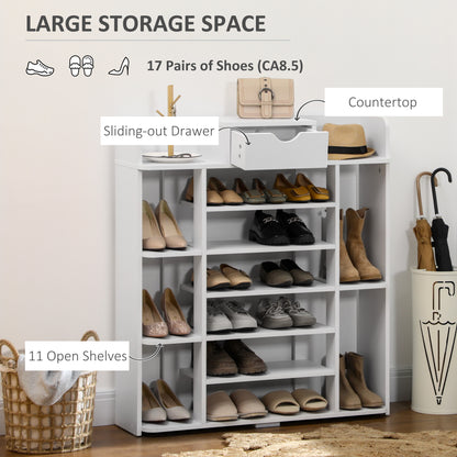 Space-Saving Shoe Rack: 7-Tier Organizer with Drawer & 11 Open Shelves for 17 Pairs, White