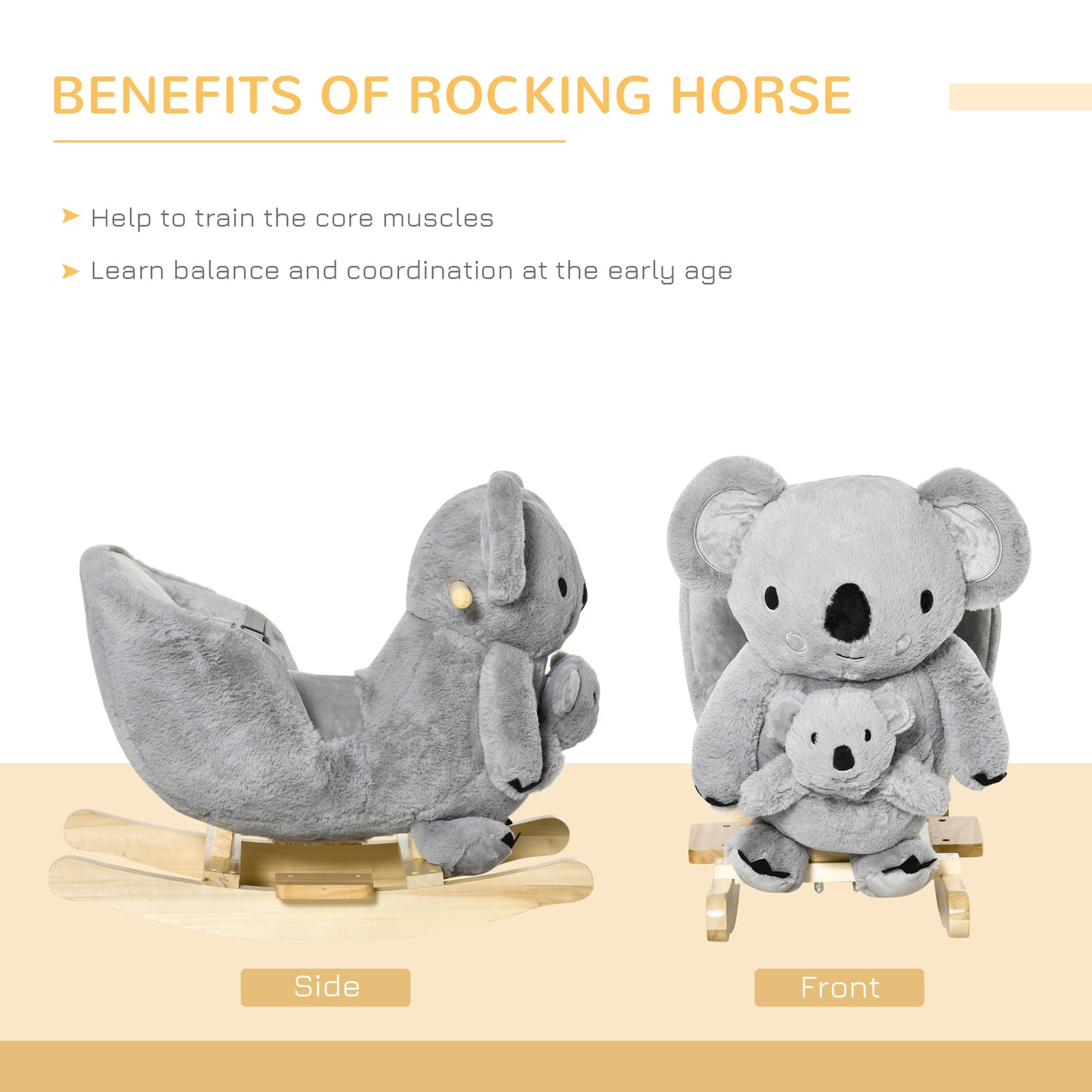 Koala Rocking Horse for Kids - Plush Ride-On Toy with Gloved Doll & Sounds, Ideal for 18-36 Months, Grey Kids Crystal