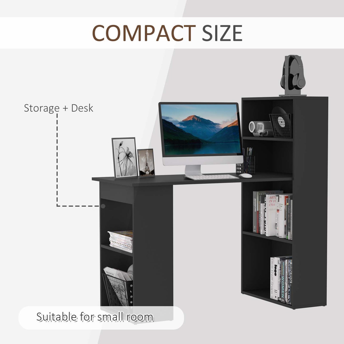 Modern Compact Computer Desk: 6-Tier Storage Shelves, Writing Table Workstation, Bookshelf, Home Office, Black Kids Crystal