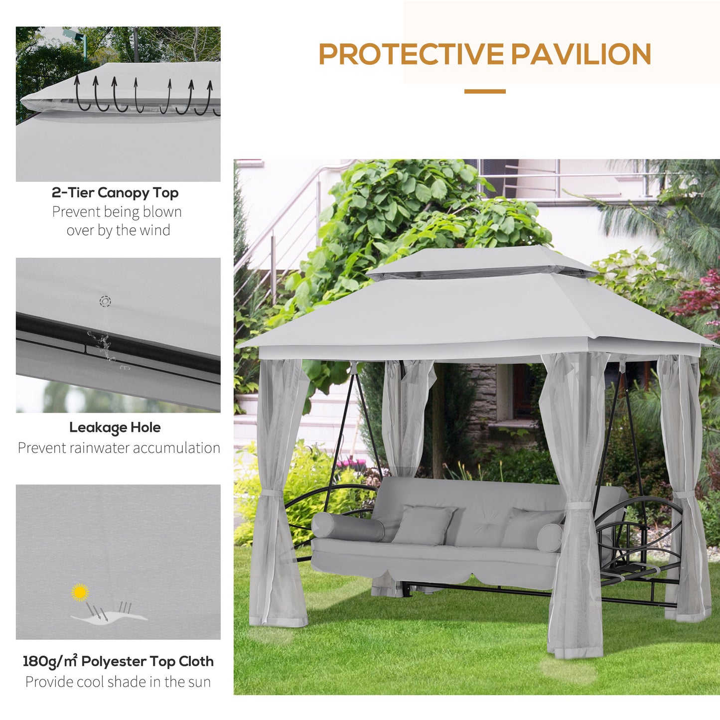 3 Person Outdoor Patio Daybed, 3 in 1 Canopy Gazebo Swing Chair Garden Hammock with Mesh Mosquito and Sun Shade, Grey Kids Crystal