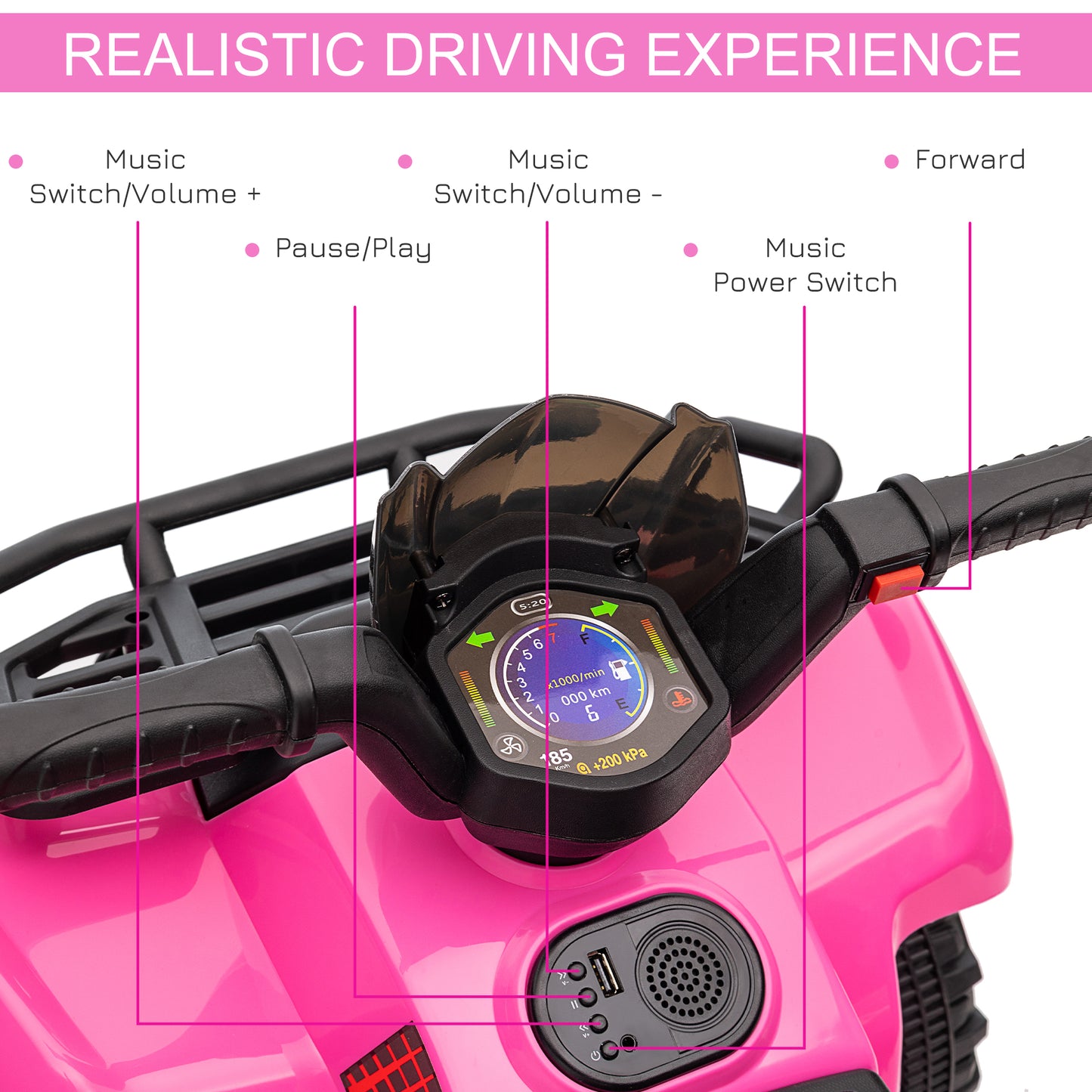 Ride-On ATV: 6V Battery Powered, Four Wheeler, Headlights, 18-36 Months, Pink, Toddler Quad Kids Crystal