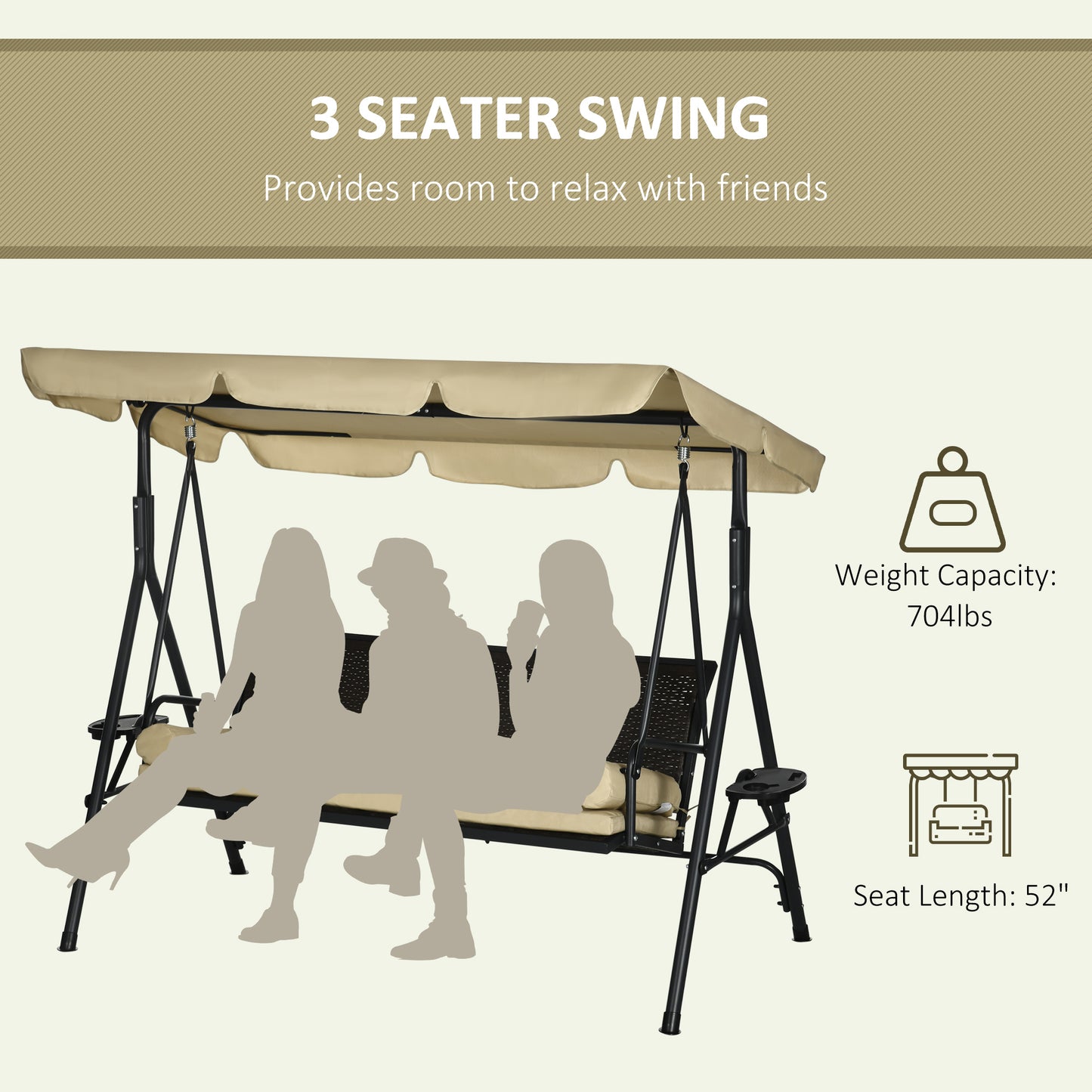 Outdoor 3-Seat Porch Swing with Canopy: Rattan Seat, Removable Cushion, Pillows, Steel Frame for Patio Comfort Kids Crystal