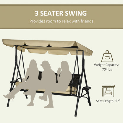 Outdoor 3-Seat Porch Swing with Canopy: Rattan Seat, Removable Cushion, Pillows, Steel Frame for Patio Comfort