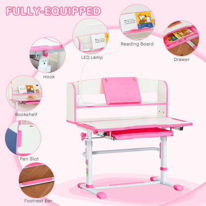 Kids Adjustable Desk and Chair Set with LED Light Bookshelf Drawer for Student Study Pink
