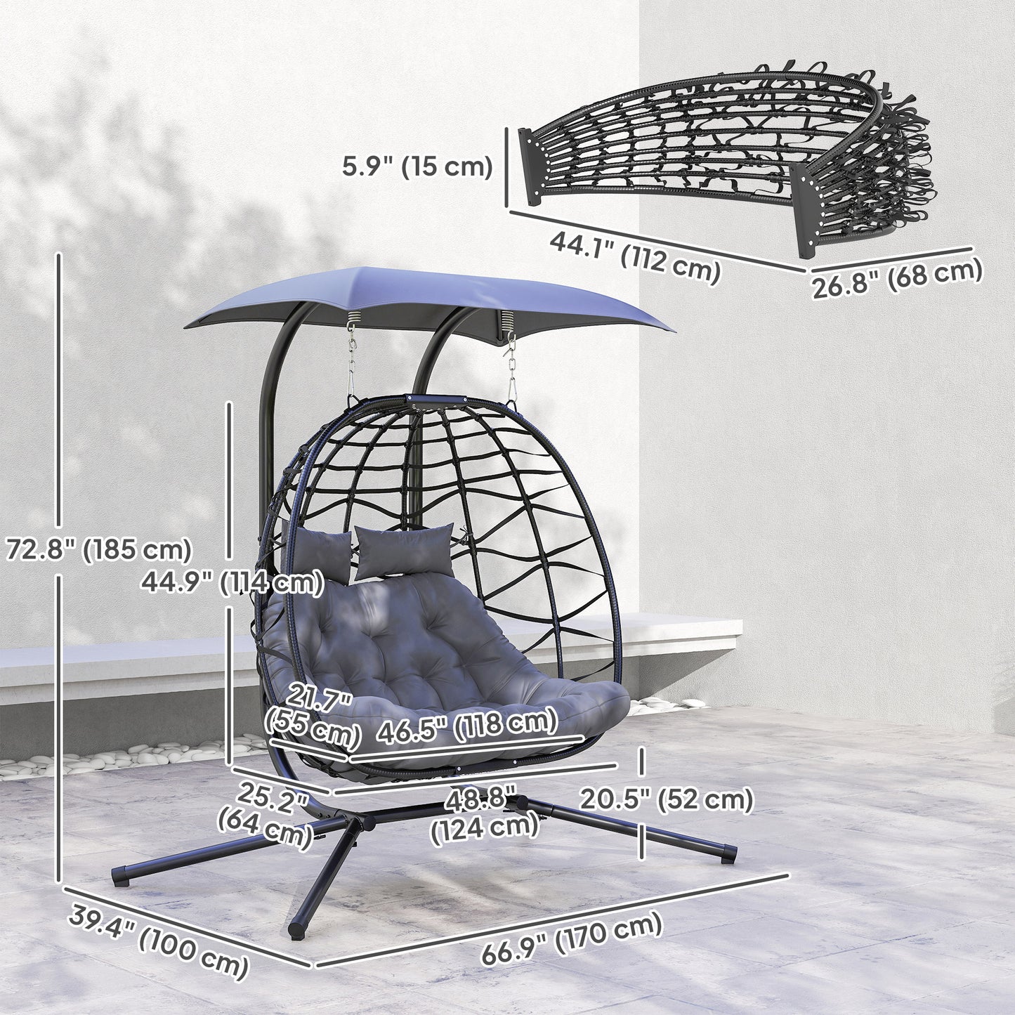 Double Wicker Egg Swing Chair with Canopy, Foldable Hanging Egg Chair with Stand Cushion Headrest, Black Kids Crystal