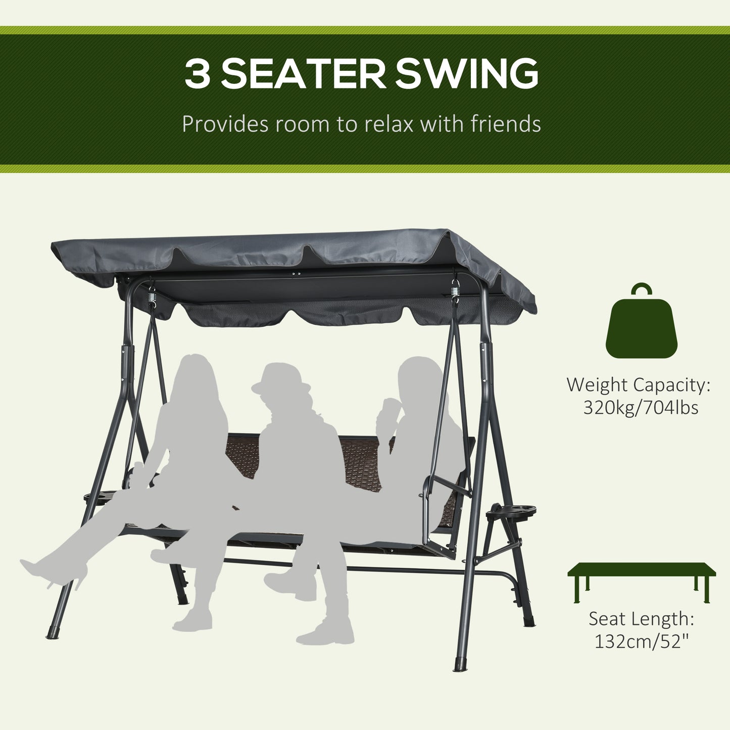 3-Seat Patio Swing Chair: Outdoor Canopy Glider with Adjustable Shade, Rattan Seat & Steel Frame Kids Crystal