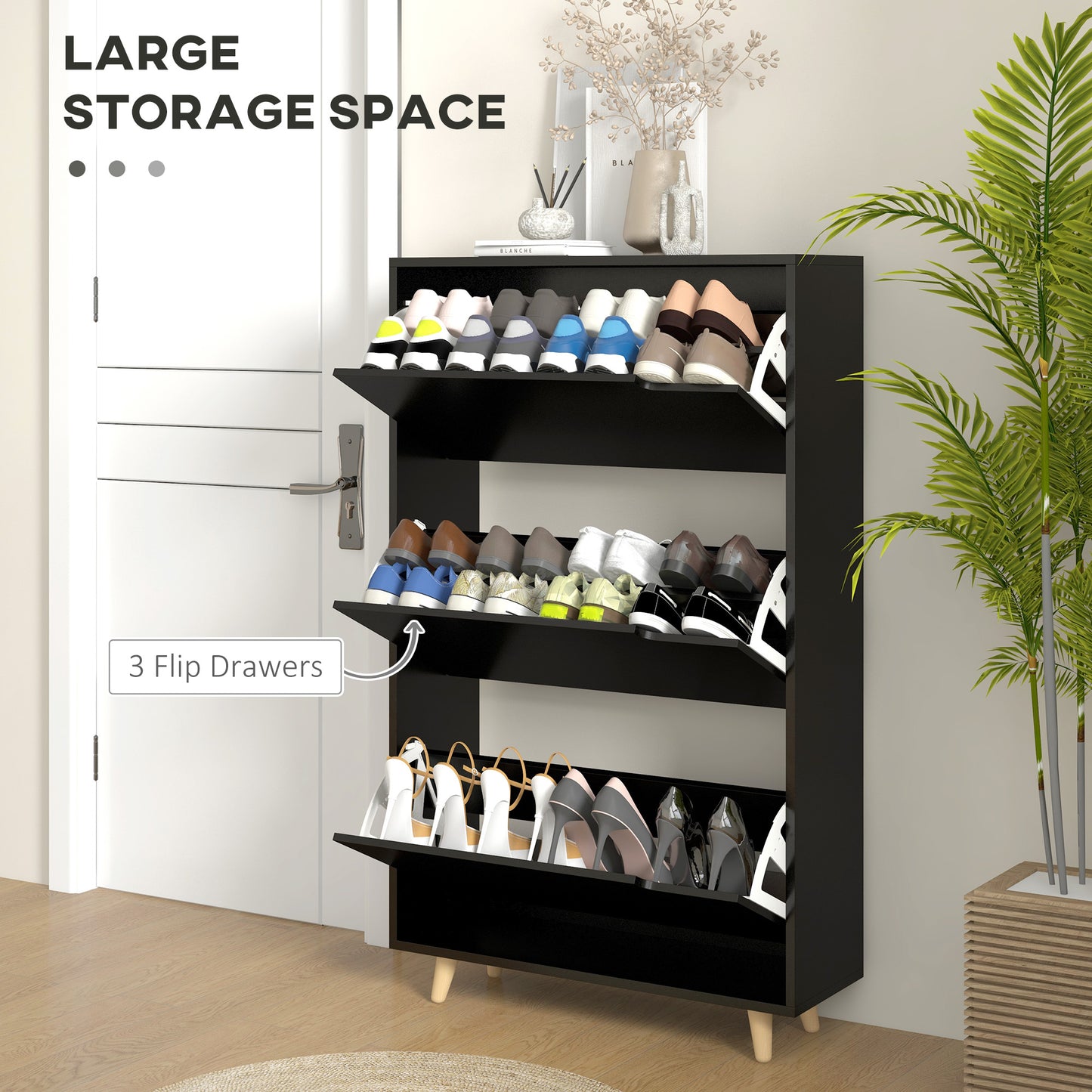 Slim Shoe Storage Cabinet 3 Flip Drawers Adjustable Shelves for 18-24 Pairs Black Kids Crystal