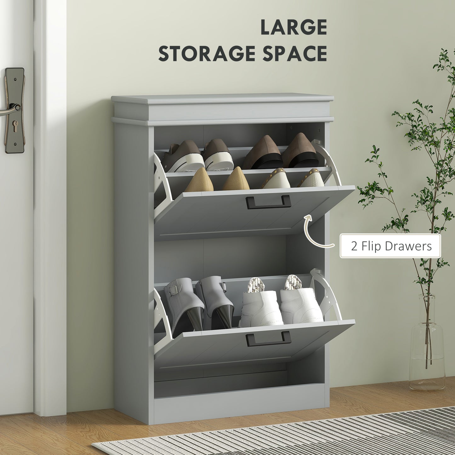 Shoe Storage Cabinet with 2 Flip Drawers and Adjustable Shelves, Narrow Shoe Cabinet for 10 Pairs of Shoes, Grey Kids Crystal