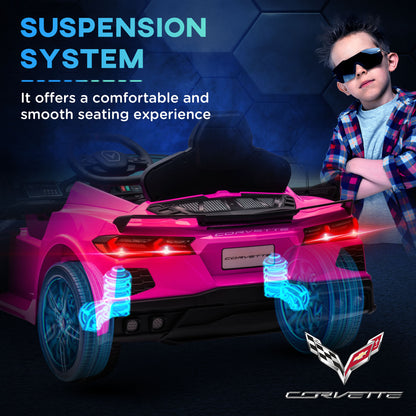 12V Kids Electric Car Corvette Licensed Remote Control Suspension System Music Headlight Slow Start Pink Ride On