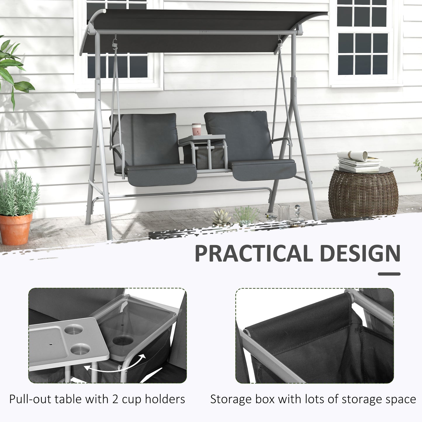 2-Seater Outdoor Porch Swing with Adjustable Canopy and Table, Patio Swing Chair for Garden, Poolside, Backyard, Grey Kids Crystal