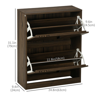Shoe Organizer Cabinet for 12 Pairs with 2 Flip Drawers Adjustable Shelves Walnut
