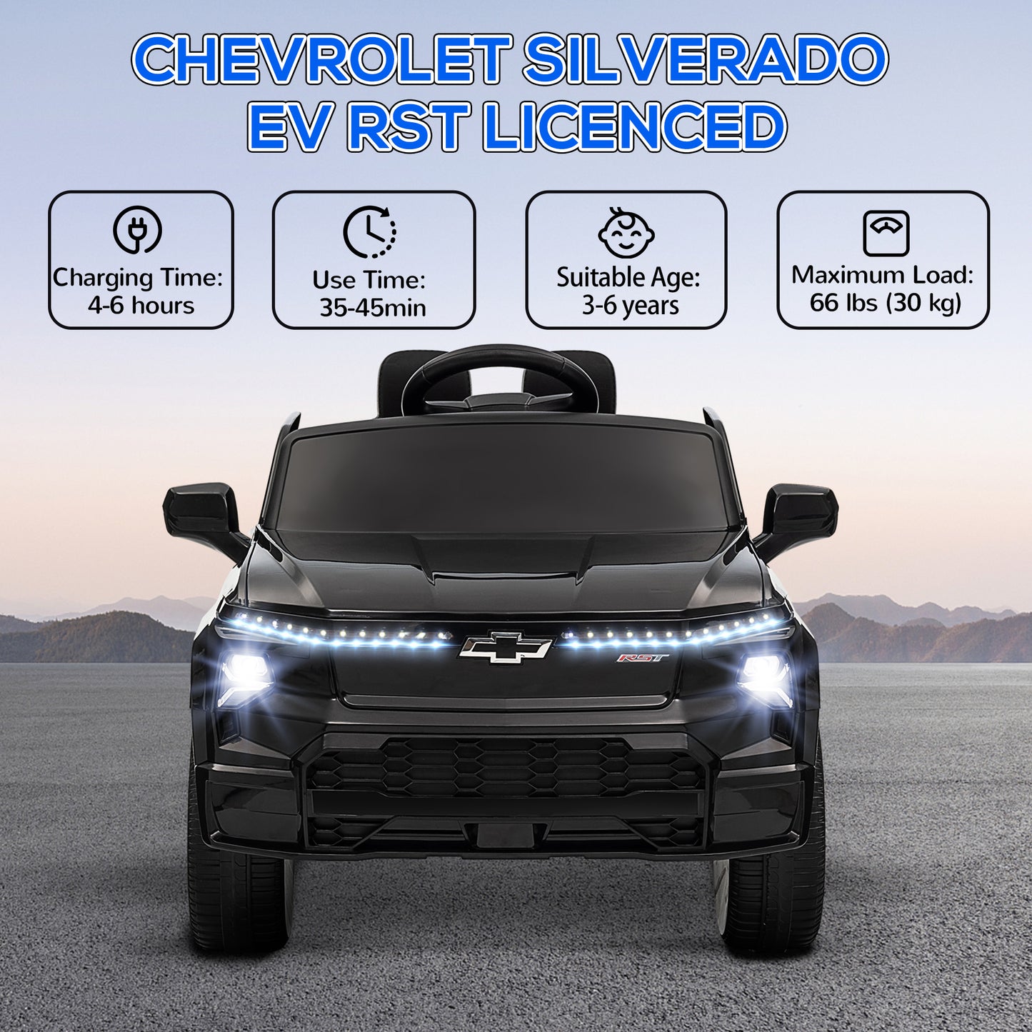 12V CHEVROLET SILVERADO EV RST Licensed Kids Car w/ Remote, Spring Suspension, Soft Start, Training Wheels, Black Kids Crystal