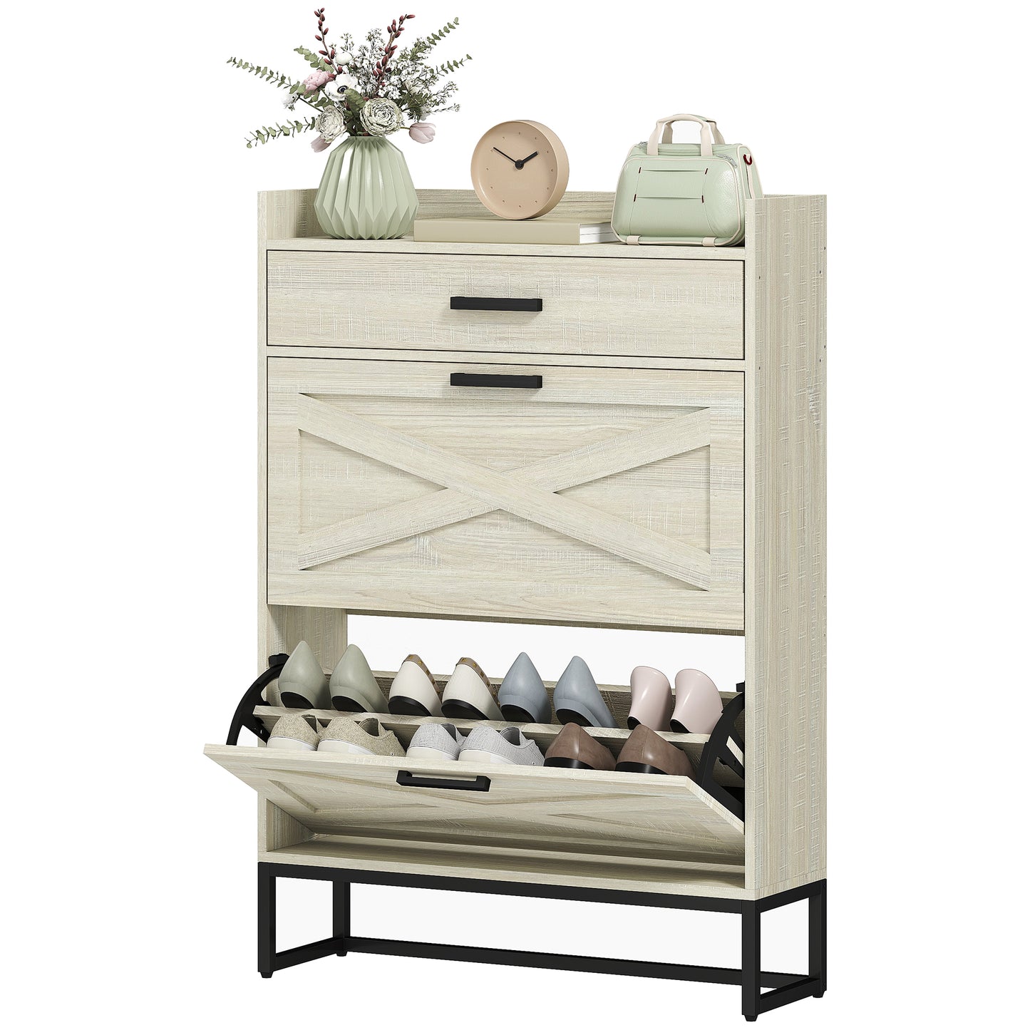 Narrow Shoe Cabinet Organizer with 2 Flip Drawers Adjustable Shelves for 12 Pairs Distressed White Kids Crystal