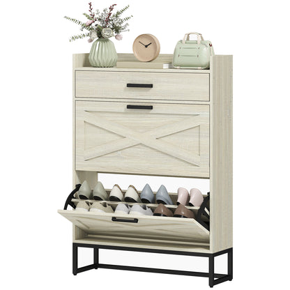Narrow Shoe Cabinet Organizer with 2 Flip Drawers Adjustable Shelves for 12 Pairs Distressed White