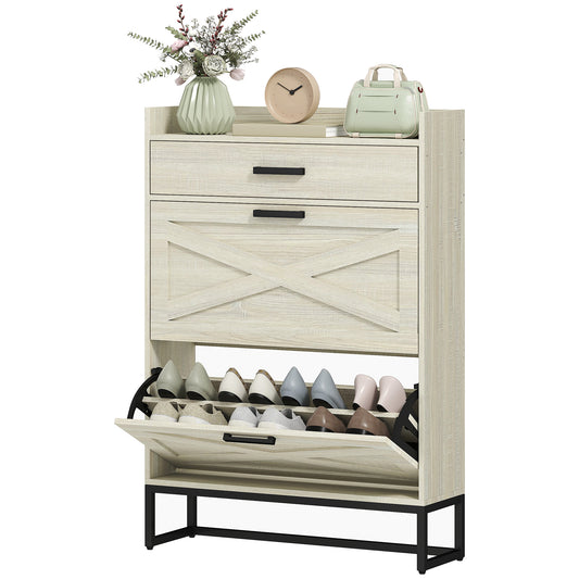 Narrow Shoe Cabinet Organizer with 2 Flip Drawers Adjustable Shelves for 12 Pairs Distressed White Kids Crystal