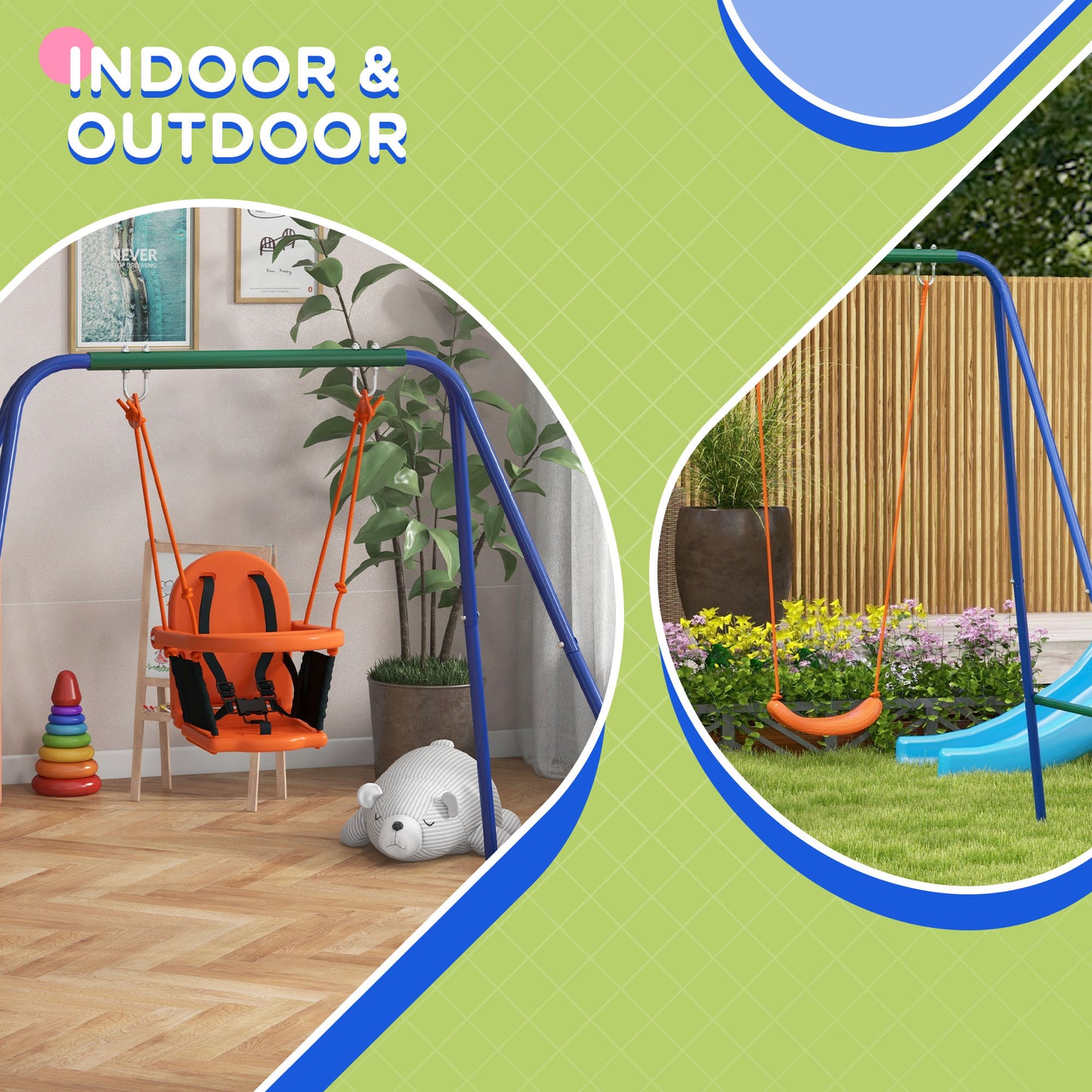 Heavy Duty Kid Swing Set with Safety Harness, Suitable for Babies 6 Months+, Indoor/Outdoor Use, Vibrant Orange Kids Crystal