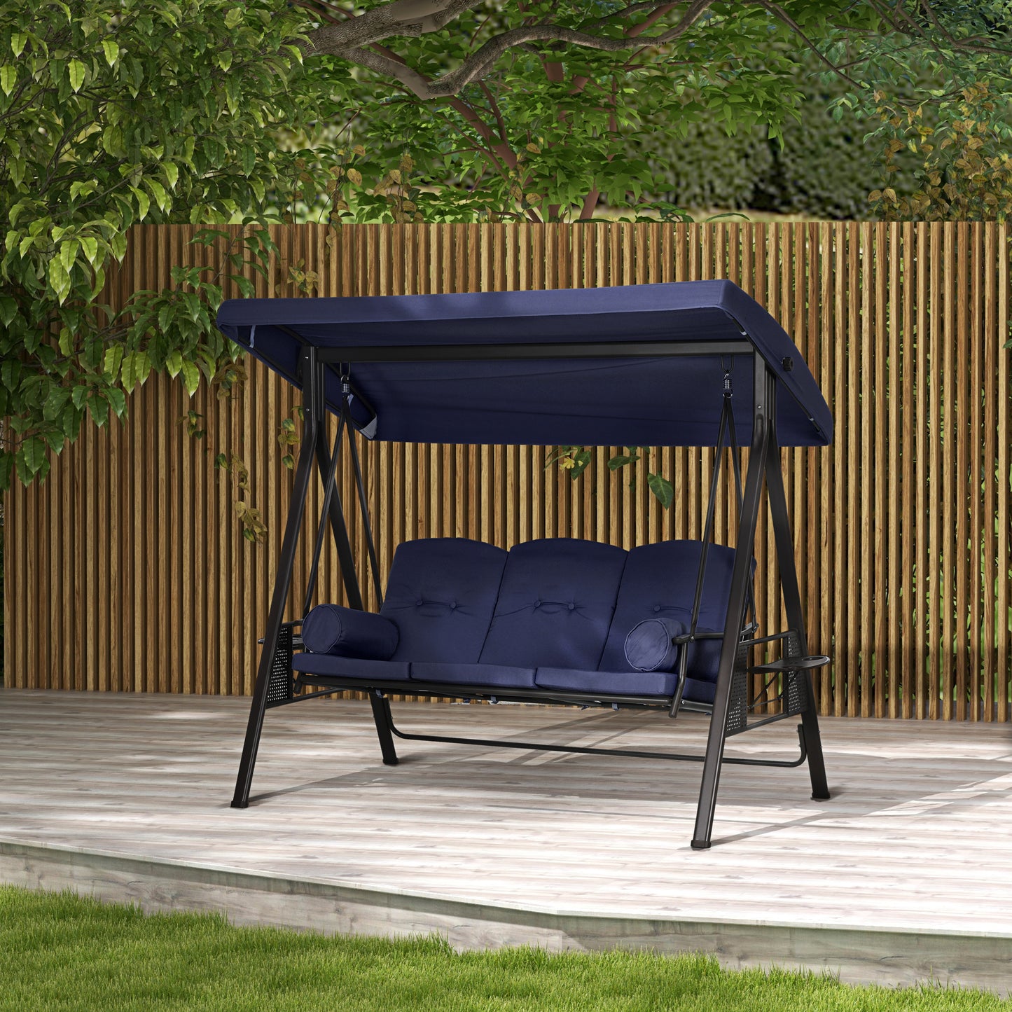 Outdoor Patio 3-Person Steel Canopy Cushioned Seat Bench Swing with Included Side Trays & Padded Comfort, Dark Blue Kids Crystal