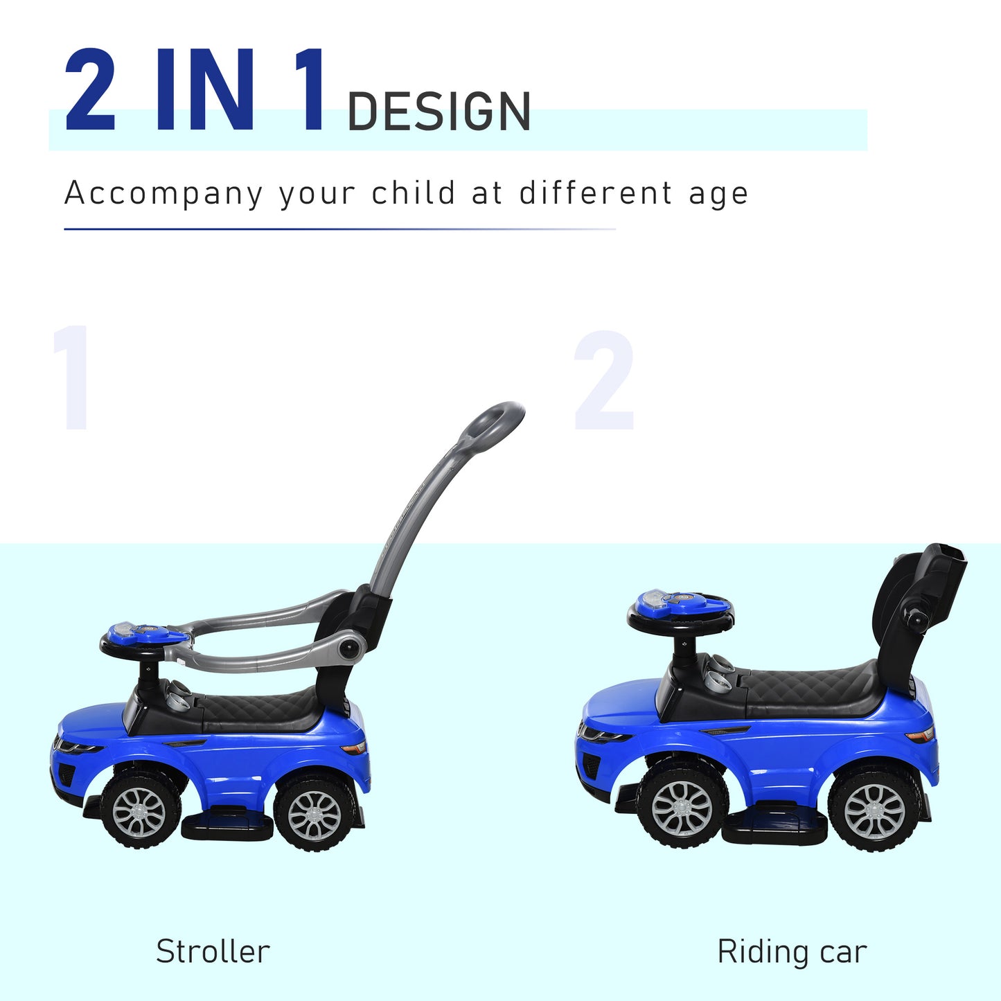 3 In 1 Kid Ride on Push Car Stroller Sliding Walking Car with Horn Music Light for 1-3 Years Old Blue Kids Crystal
