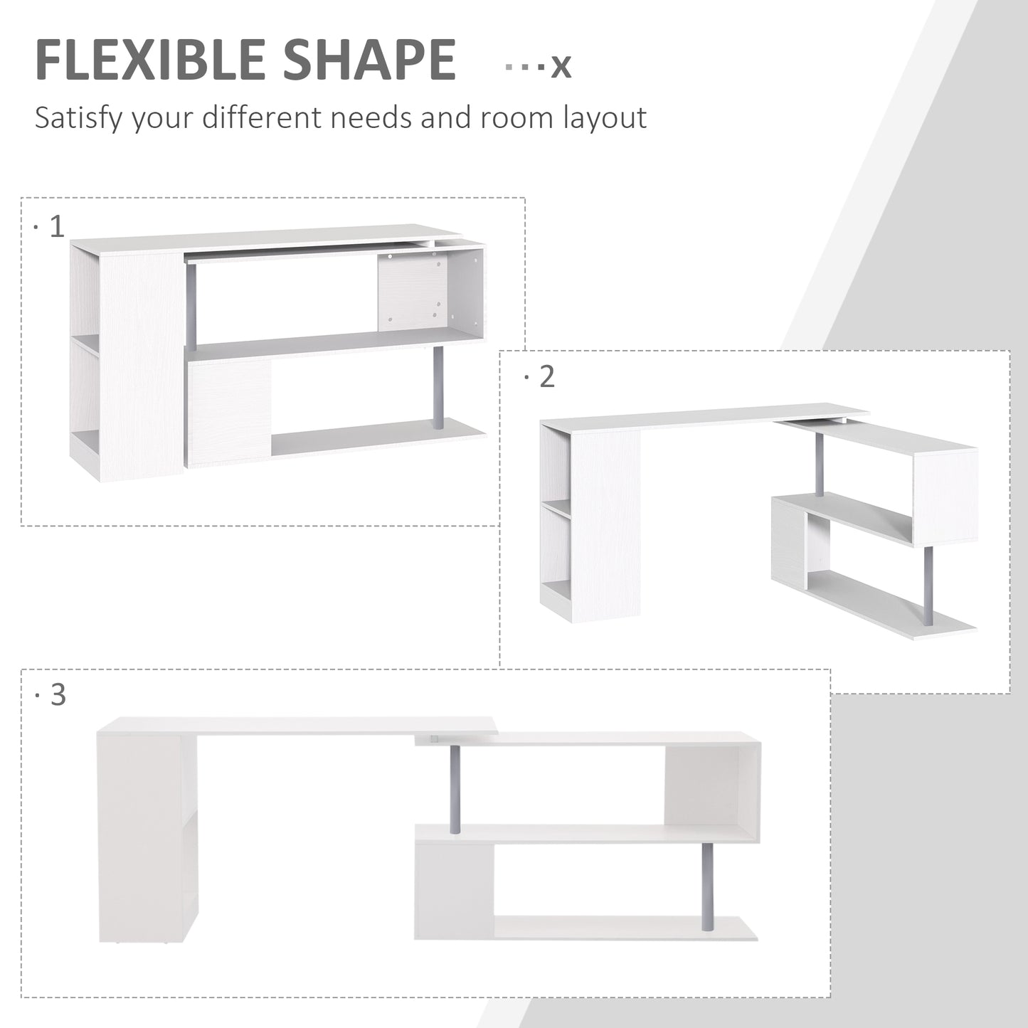 L-Shaped Desk 55", 360° Rotating Corner Workstation, 3-Tier Shelves, Bookshelf, White Kids Crystal