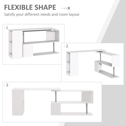 L-Shaped Desk 55", 360° Rotating Corner Workstation, 3-Tier Shelves, Bookshelf, White
