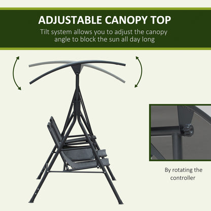 2-Person Patio Swing Chair Covered Porch Swing with Pivot Storage Table, Cup Holder, & Adjustable Overhead Canopy, Grey