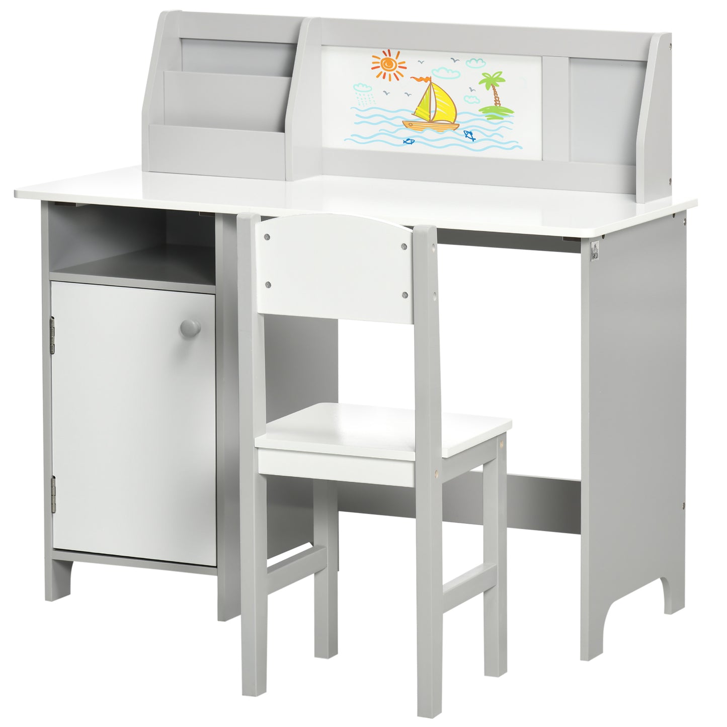 2Pcs Kids Desk Chair Set with Whiteboard Storage Shelves Study Furniture Grey Kids Crystal