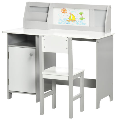 2Pcs Kids Desk Chair Set with Whiteboard Storage Shelves Study Furniture Grey