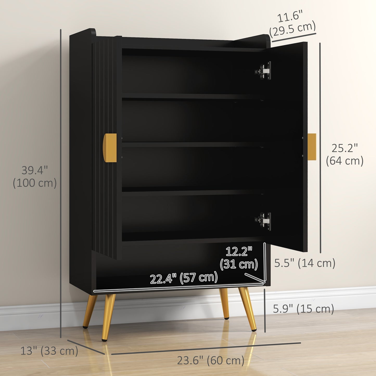 Entryway Narrow Shoe Storage Cabinet with Adjustable Shelves Open Shelf for 15 Pairs Black Kids Crystal