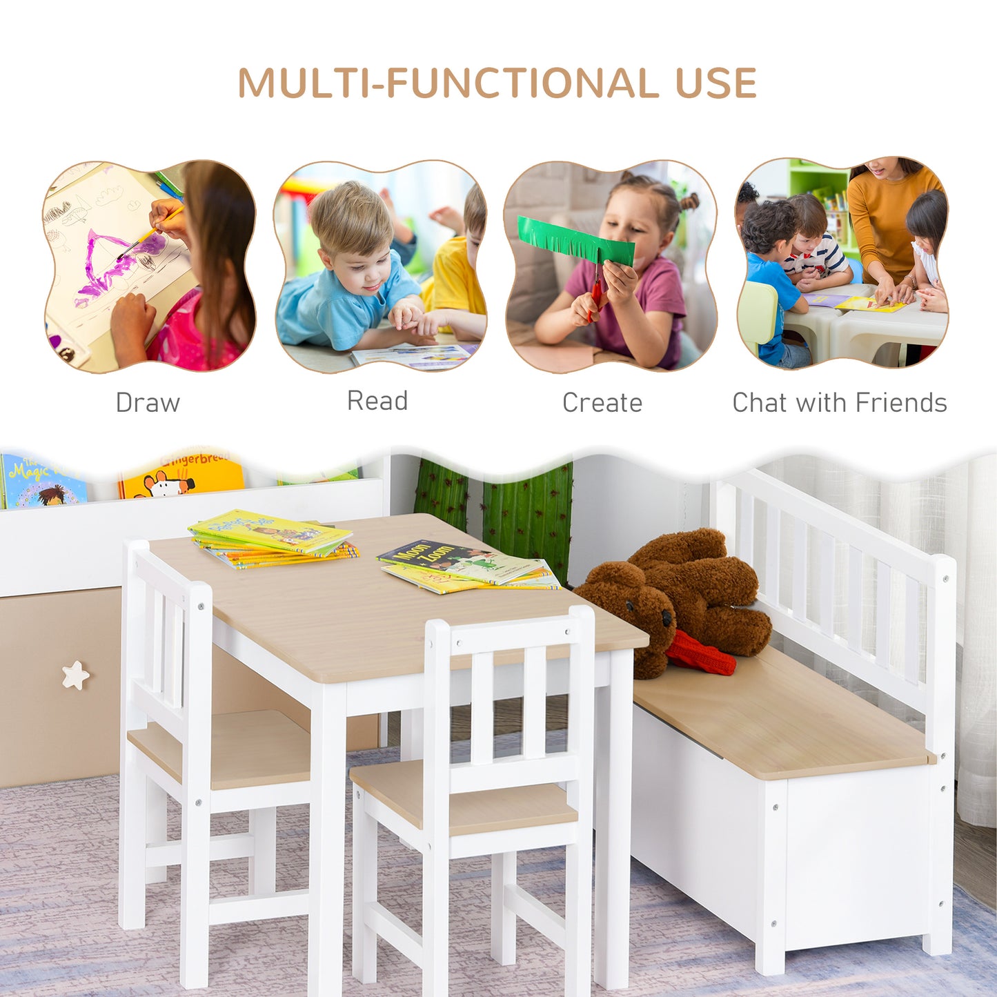 4-Piece Kids Wood Table Chair Bench Set: With Storage, Easy Clean, Natural/White Gift for Age 3+ Kids Crystal