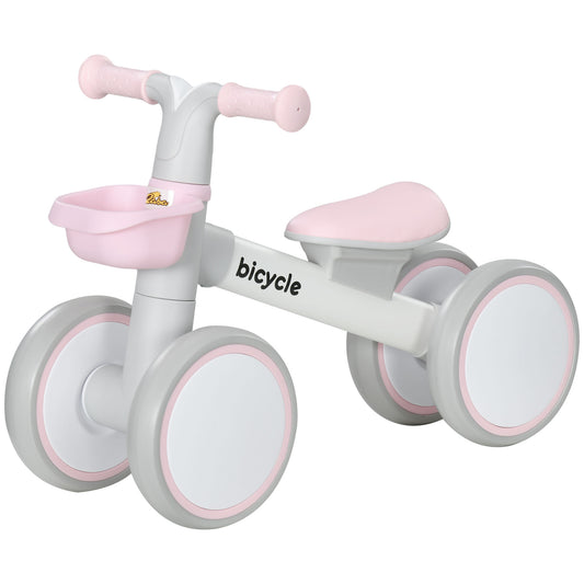 Toddler Balance Bike for 12–36 Months with Adjustable Seat, Removable Basket, 4 Silent Wheels, Pink Kids Crystal