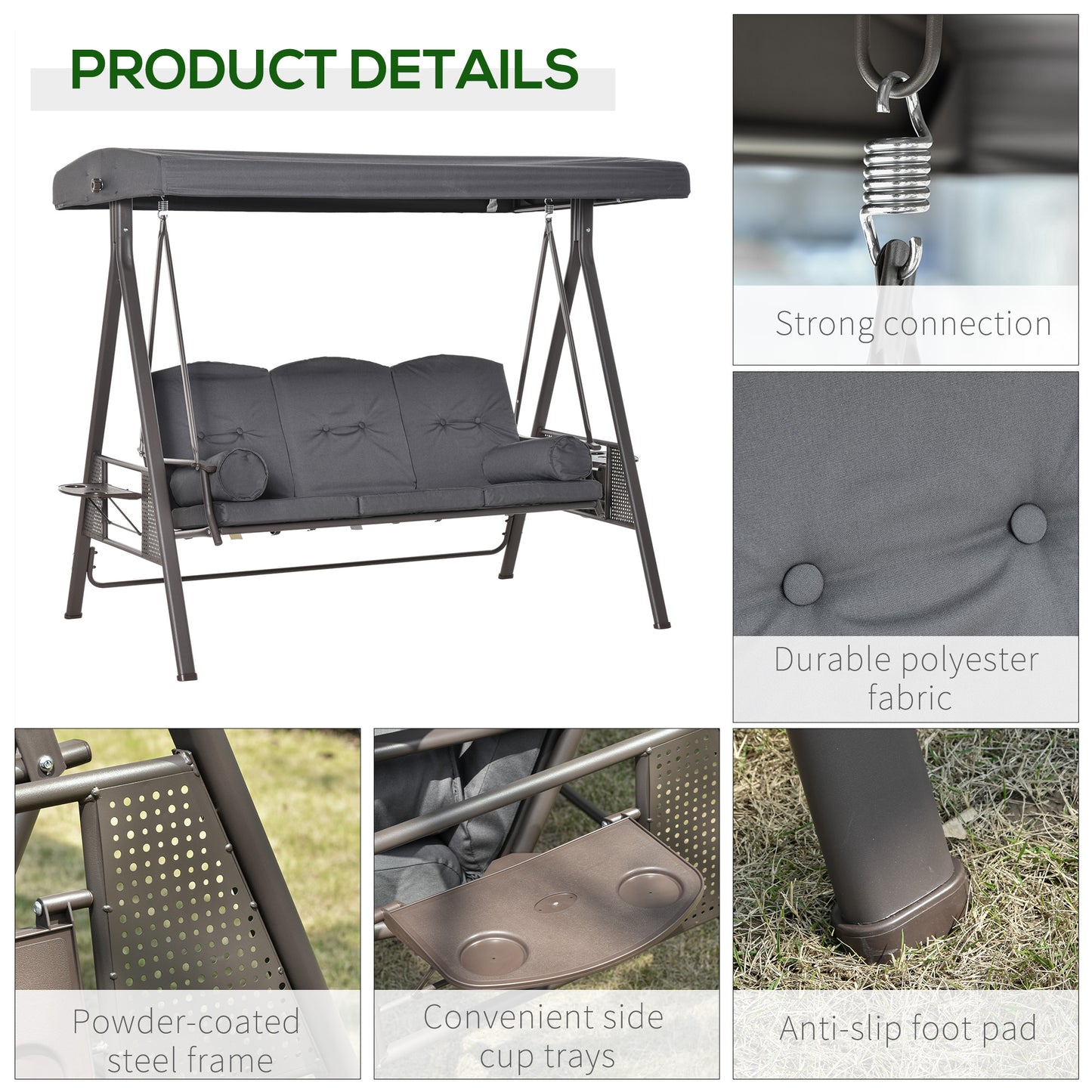 Outdoor Patio 3-Person Steel Canopy Cushioned Seat Bench Swing with Included Side Trays & Padded Comfort, Dark Grey Kids Crystal