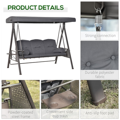 Outdoor Patio 3-Person Steel Canopy Cushioned Seat Bench Swing with Included Side Trays & Padded Comfort, Dark Grey