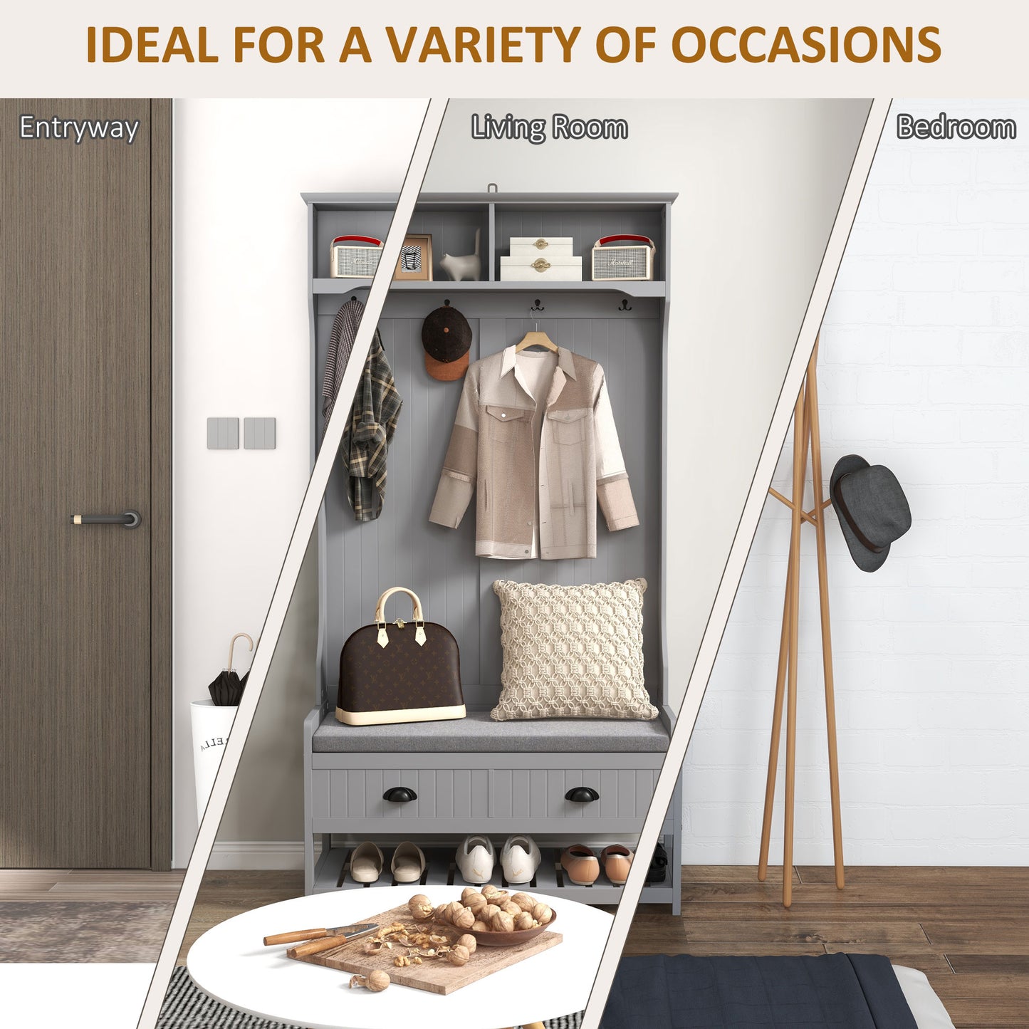 Clothing Storage, Coat Stand, Shoe Storage Bench Organizer with Coat Hanger, Drawers Padded Seat Cushion Grey Kids Crystal