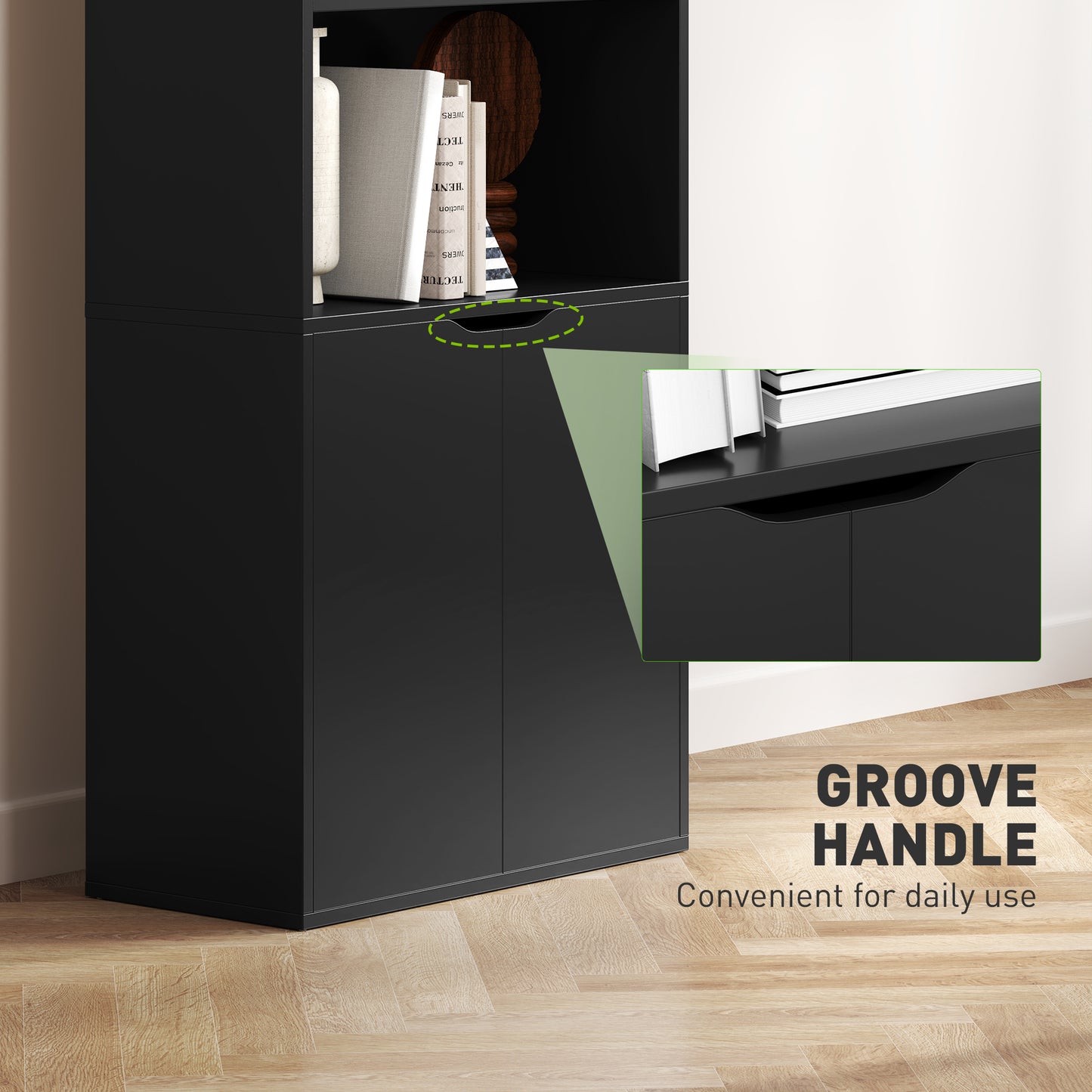 4-Tier Open Bookshelf with Doors Modern Home Office Bookcase Storage Cabinet for Living Room Bathroom Study, Black Kids Crystal