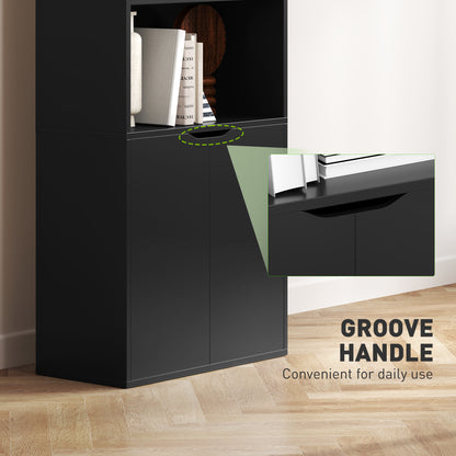 4-Tier Open Bookshelf with Doors Modern Home Office Bookcase Storage Cabinet for Living Room Bathroom Study, Black