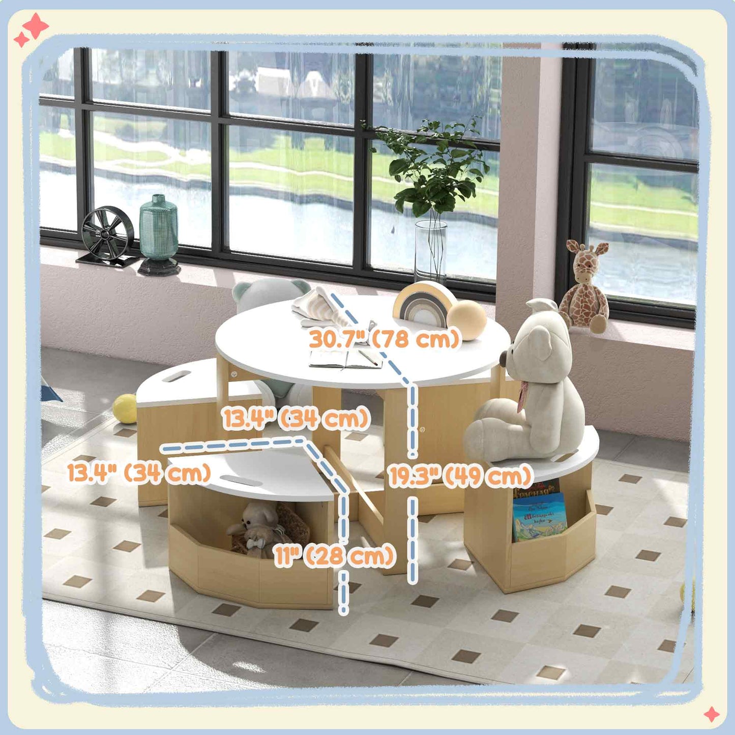5 Piece Kids Table and Chair Set with Storage for Kids Room, White