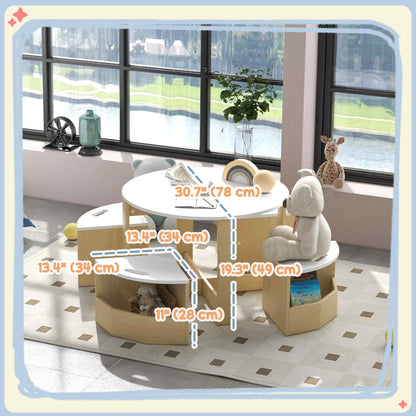 5 Piece Kids Table and Chair Set with Storage for Kids Room, White