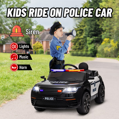 12V Kids Electric Police Car w/ Remote Control, Spring Suspension, Training Wheel, Siren, Music, Light, Horn, Black
