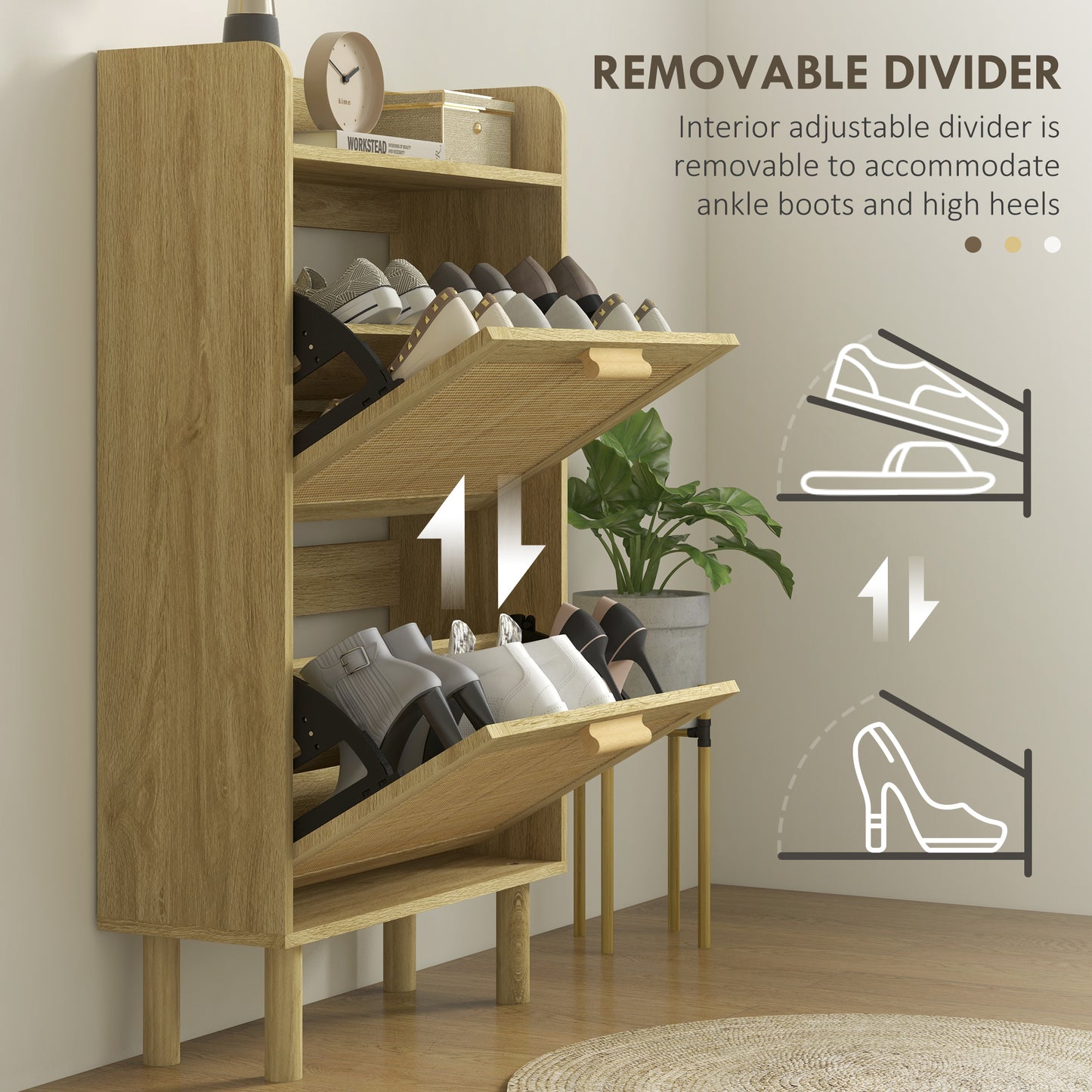 Slim Shoe Storage 2 Flip Drawers Adjustable Shelves Rattan Shoe Organizer 12 Pairs Oak Space Saving Kids Crystal