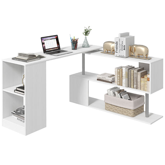 L-Shaped Desk 55", 360° Rotating Corner Workstation, 3-Tier Shelves, Bookshelf, White Kids Crystal