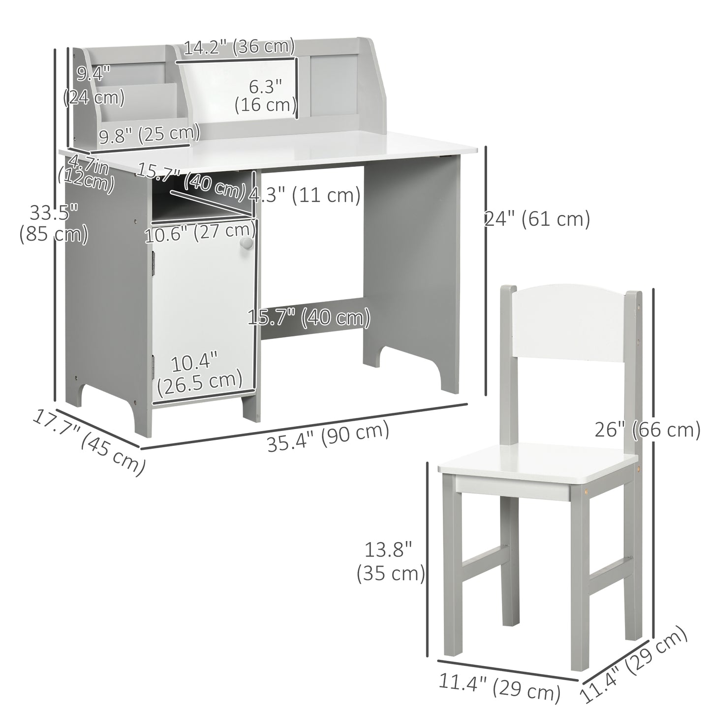 2Pcs Kids Desk Chair Set with Whiteboard Storage Shelves Study Furniture Grey Kids Crystal