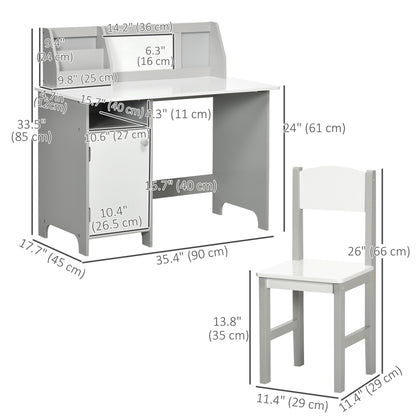 2Pcs Kids Desk Chair Set with Whiteboard Storage Shelves Study Furniture Grey