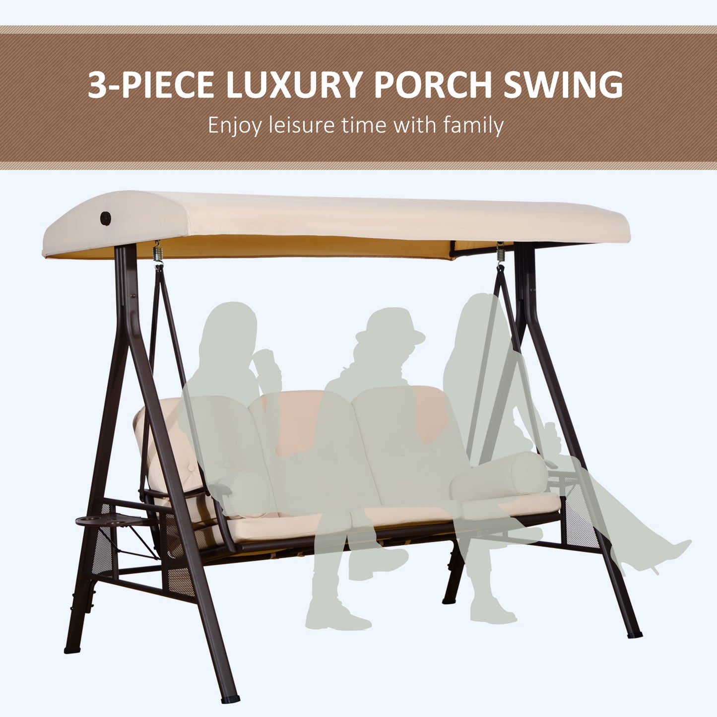 3 Seater Porch Swing Heavy Duty Outdoor Swing Chair Outdoor Lounge Hammock Cushioned Seat with Tilt Canopy, Beige Kids Crystal