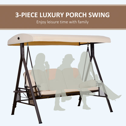 3 Seater Porch Swing Heavy Duty Outdoor Swing Chair Outdoor Lounge Hammock Cushioned Seat with Tilt Canopy, Beige