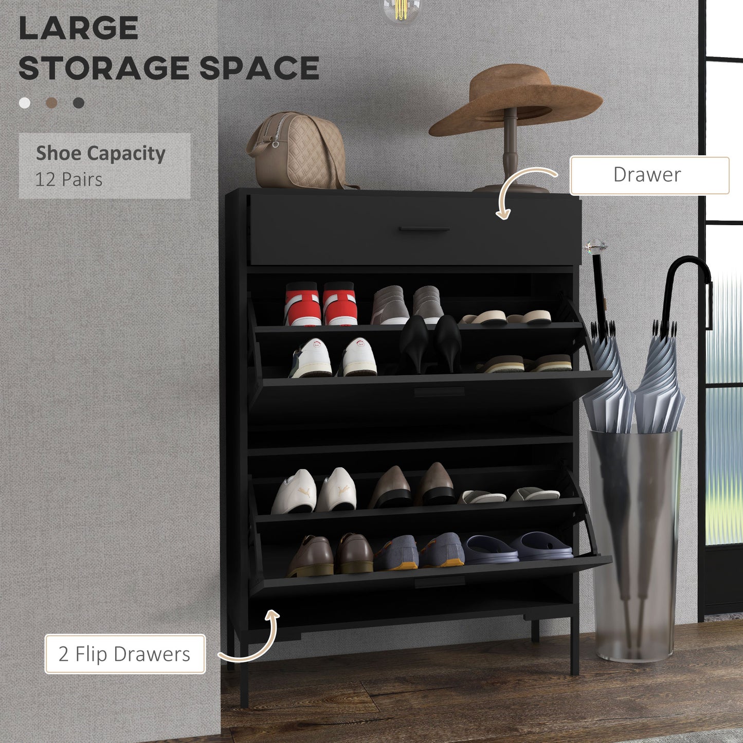Modern Shoe Cabinet Storage 12 Pair Shoe Organizer with 2 Flip Doors Drawer and Adjustable Shelf Black Kids Crystal