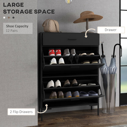 Modern Shoe Cabinet Storage 12 Pair Shoe Organizer with 2 Flip Doors Drawer and Adjustable Shelf Black