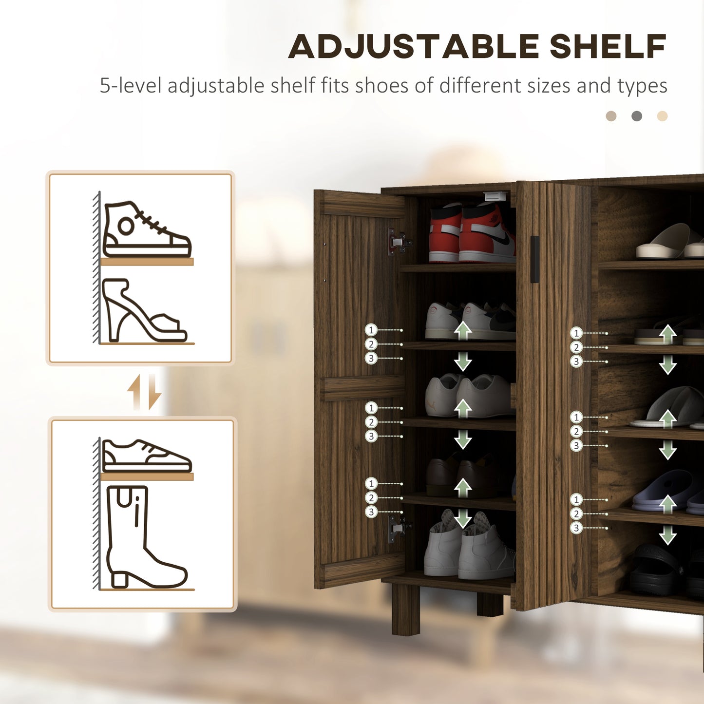 Entryway Elegance: Shoe Organizer with Double Doors, Open Shelves for 17 Pairs, Walnut Finish Kids Crystal