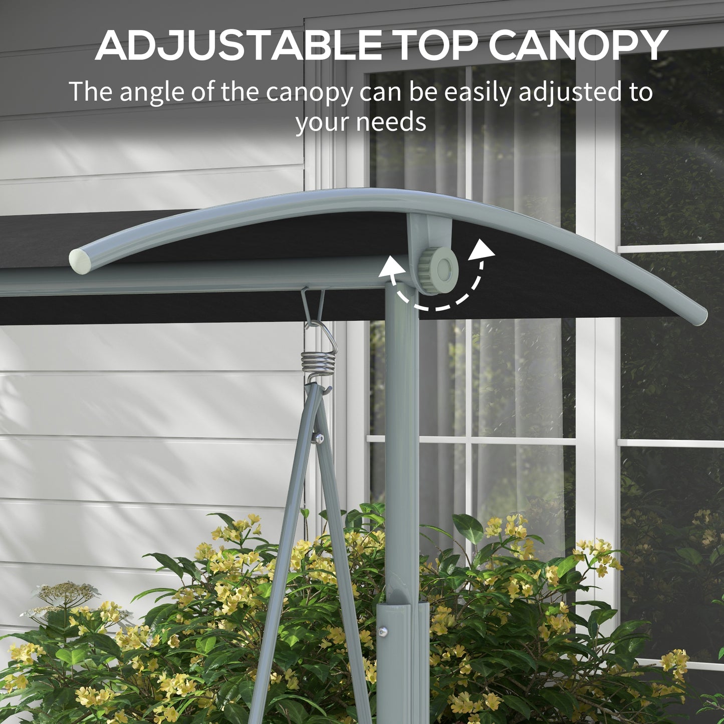 2-Seater Outdoor Porch Swing with Adjustable Canopy and Table, Patio Swing Chair for Garden, Poolside, Backyard, Black Kids Crystal